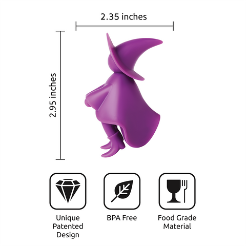 Agatha purple witch figurine/spoon holder, BPA-free, patented unique, food-grade material.