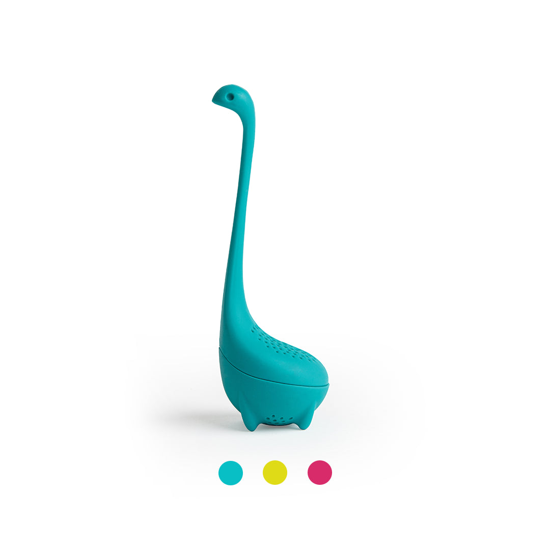 Baby Nessie by OTOTO Designs: a vibrant teal, lime, and pink dinosaur-shaped tea infuser.