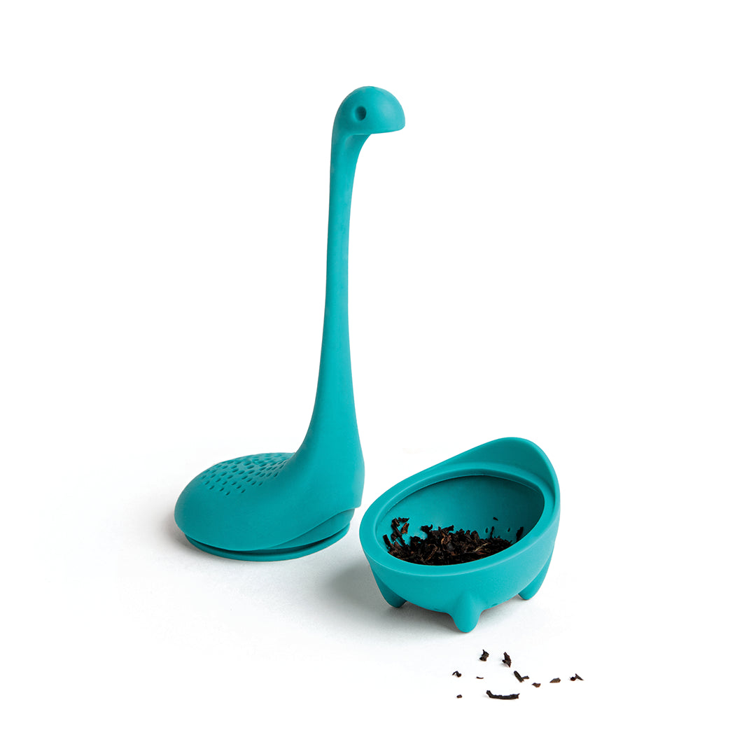 Baby Nessie, the OTOTO Designs turquoise dinosaur tea infuser, has a removable base for loose tea.