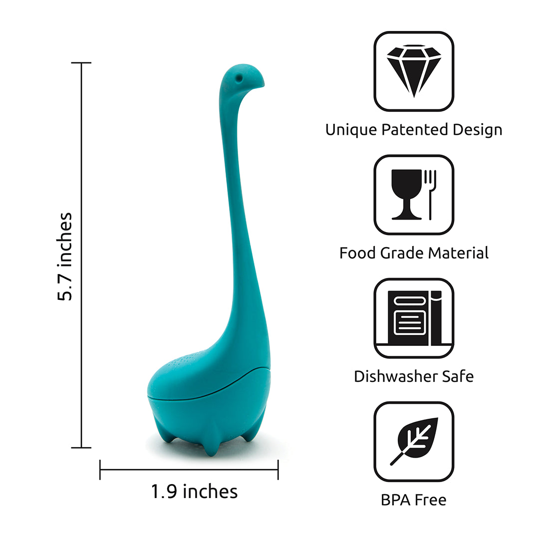 Introducing Baby Nessie: A teal, dino-shaped OTOTO kitchen tool, BPA-free & dishwasher safe.