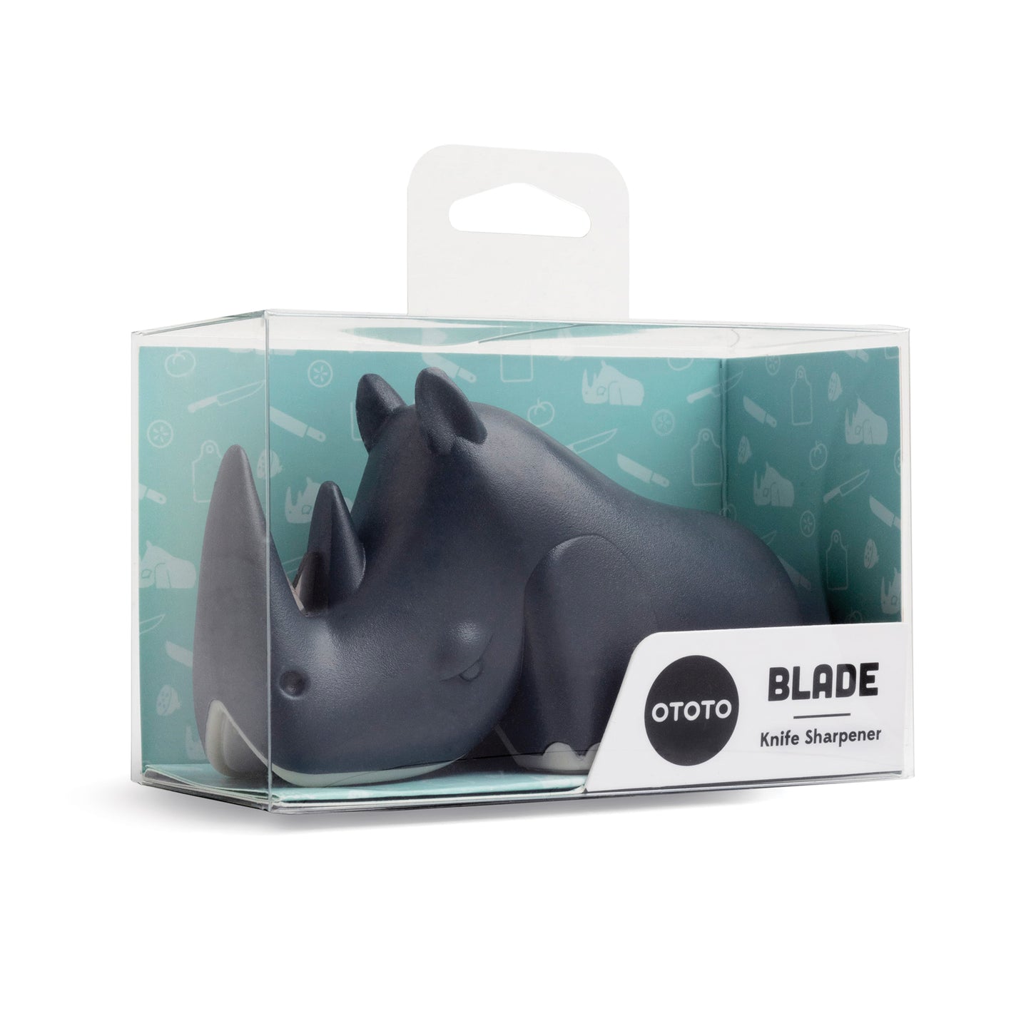 A rhino-shaped kitchen knife sharpener named Blade by OTOTO, packaged in a clear box.