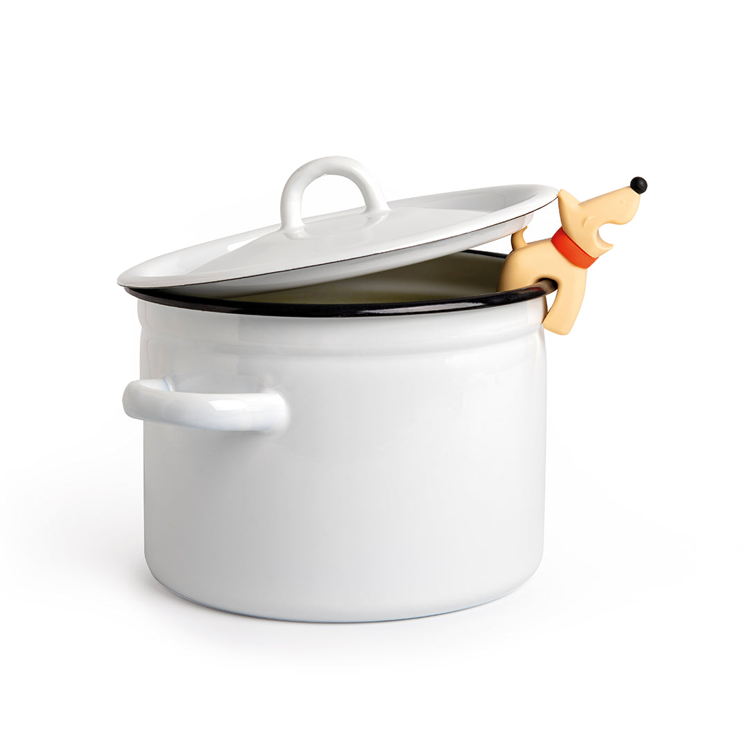 White OTOTO pot called Buddy, featuring a playful dog-shaped steam releaser and a slightly open lid.