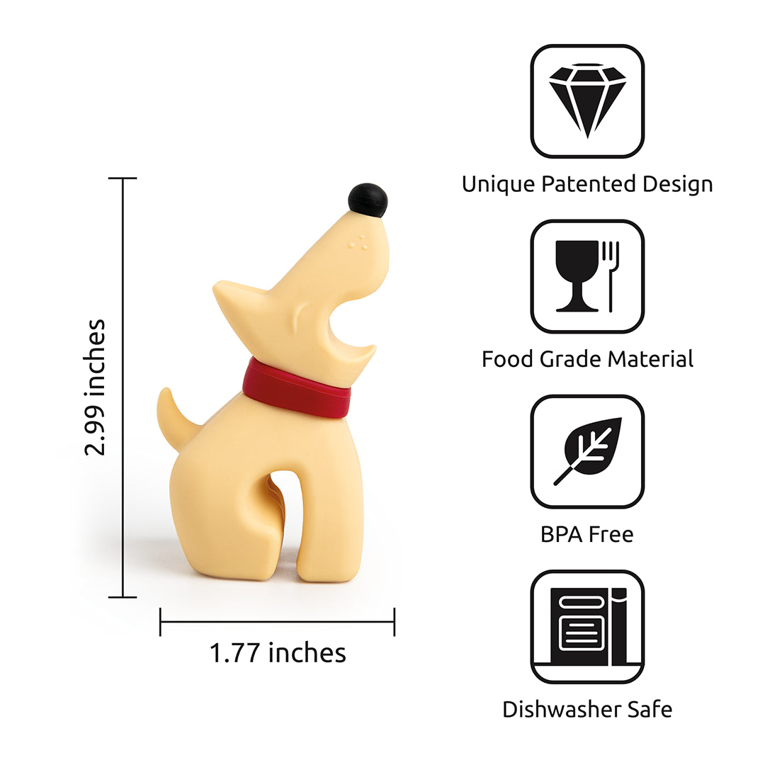 Meet Buddy, OTOTOs yellow dog-shaped bottle stopper with a red collar; its BPA-free and dishwasher safe.