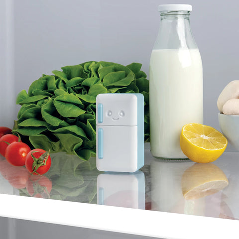 Cool Guy OTOTO fridge toy nestled among milk, lettuce, tomatoes, lemon, and mushrooms on a glass shelf.