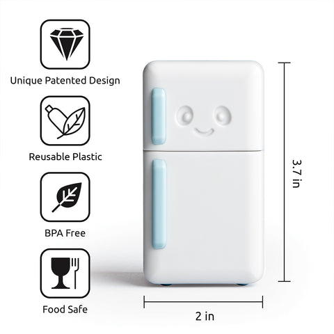 Cool Guy mini fridge-shaped container with smiley face, light blue handles, and safety features.
