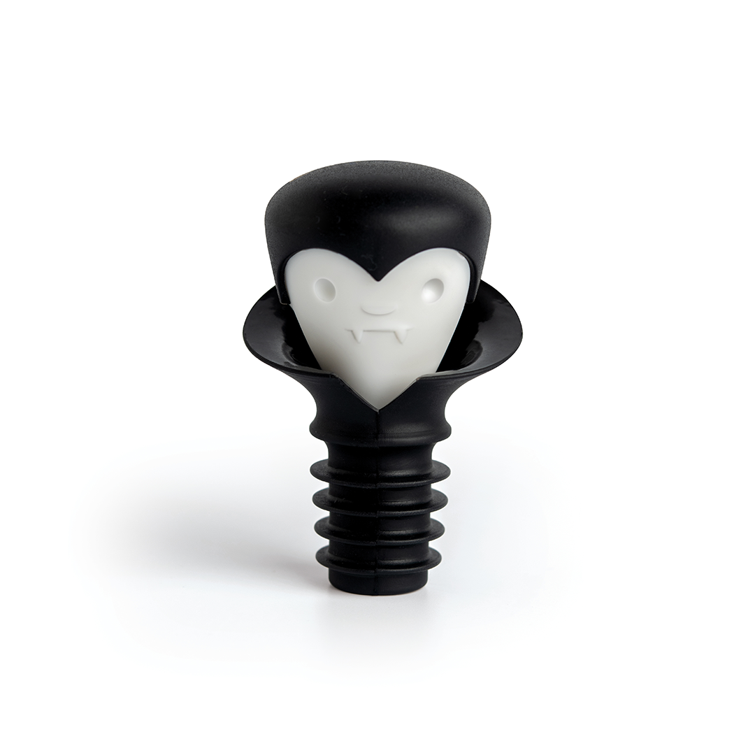 Meet Count Corkula, the black and white vampire bottle stopper with a cartoon face and fangs.