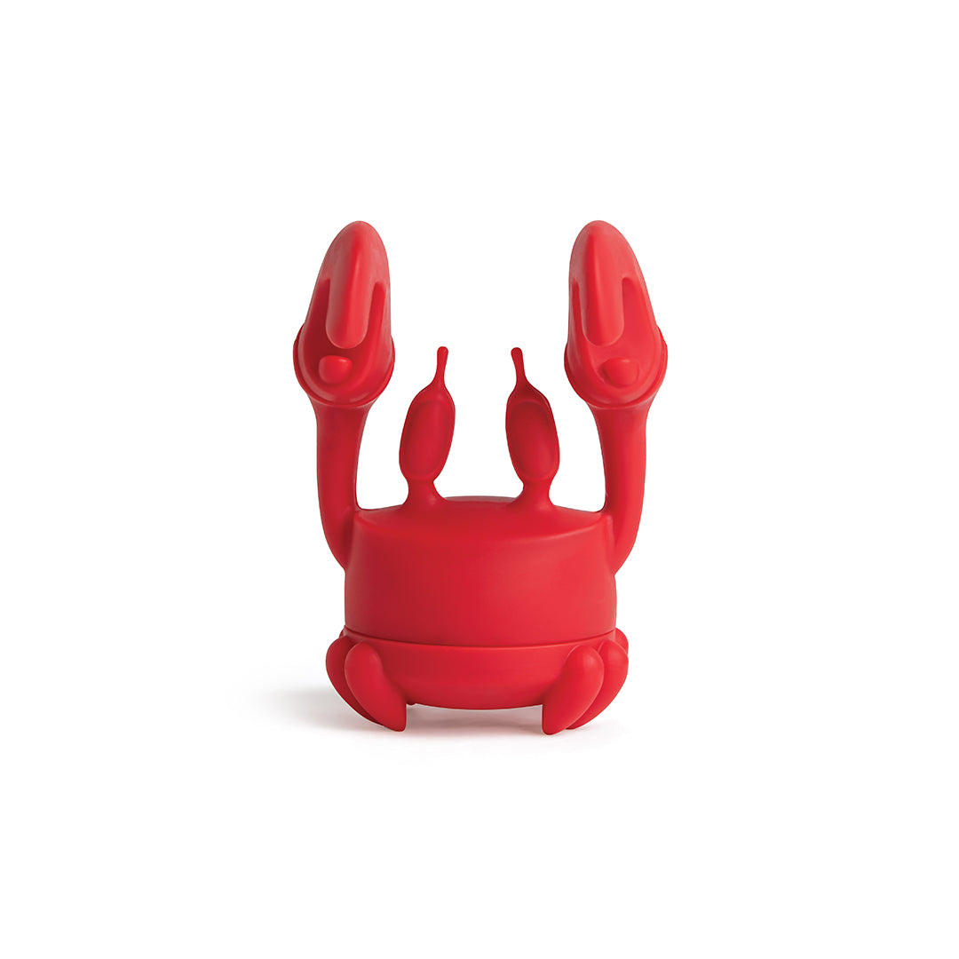 Red OTOTO Crab Tea infuser with raised claws against a white background.