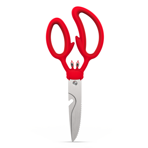 Crabby Scissors: red crab-shaped kitchen shears with serrated stainless steel blades and bottle opener.