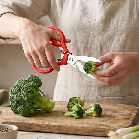 A person uses red Crabby Scissors to cut a broccoli floret on a wooden cutting board.