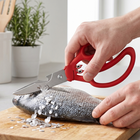 A person uses red Crabby Scissors to scale a whole fish on a wooden cutting board.