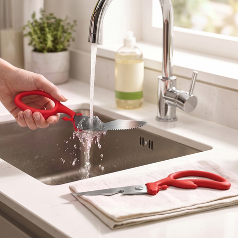 A hand rinsing red-handled Crabby Scissors under a kitchen faucet.