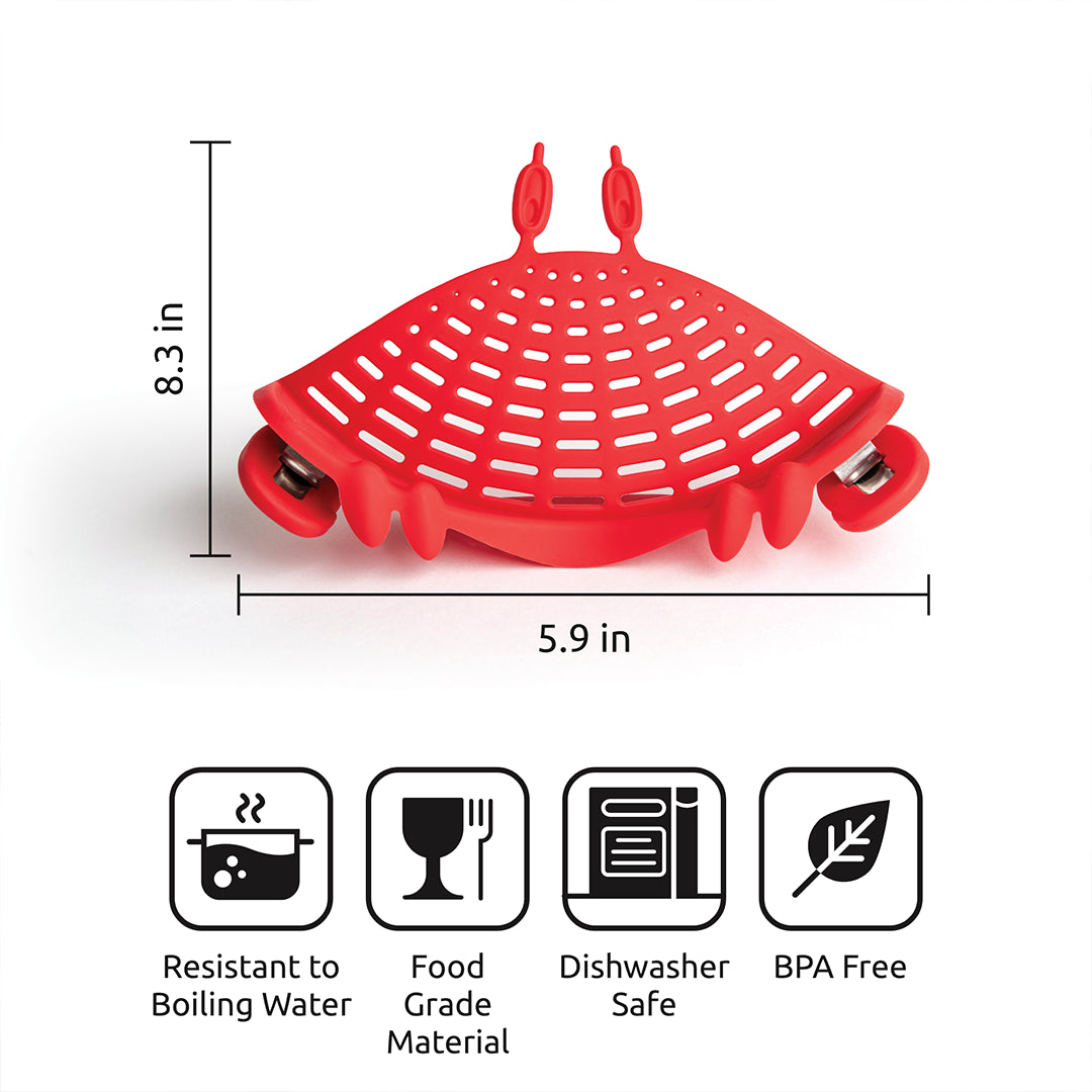 Crabby silicone pot strainer by OTOTO, with clips; boiling water resistant and dishwasher safe.