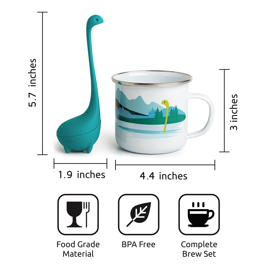 Cup of Nessie in teal with a white lake scene mug; size labels and OTOTO icons displayed.