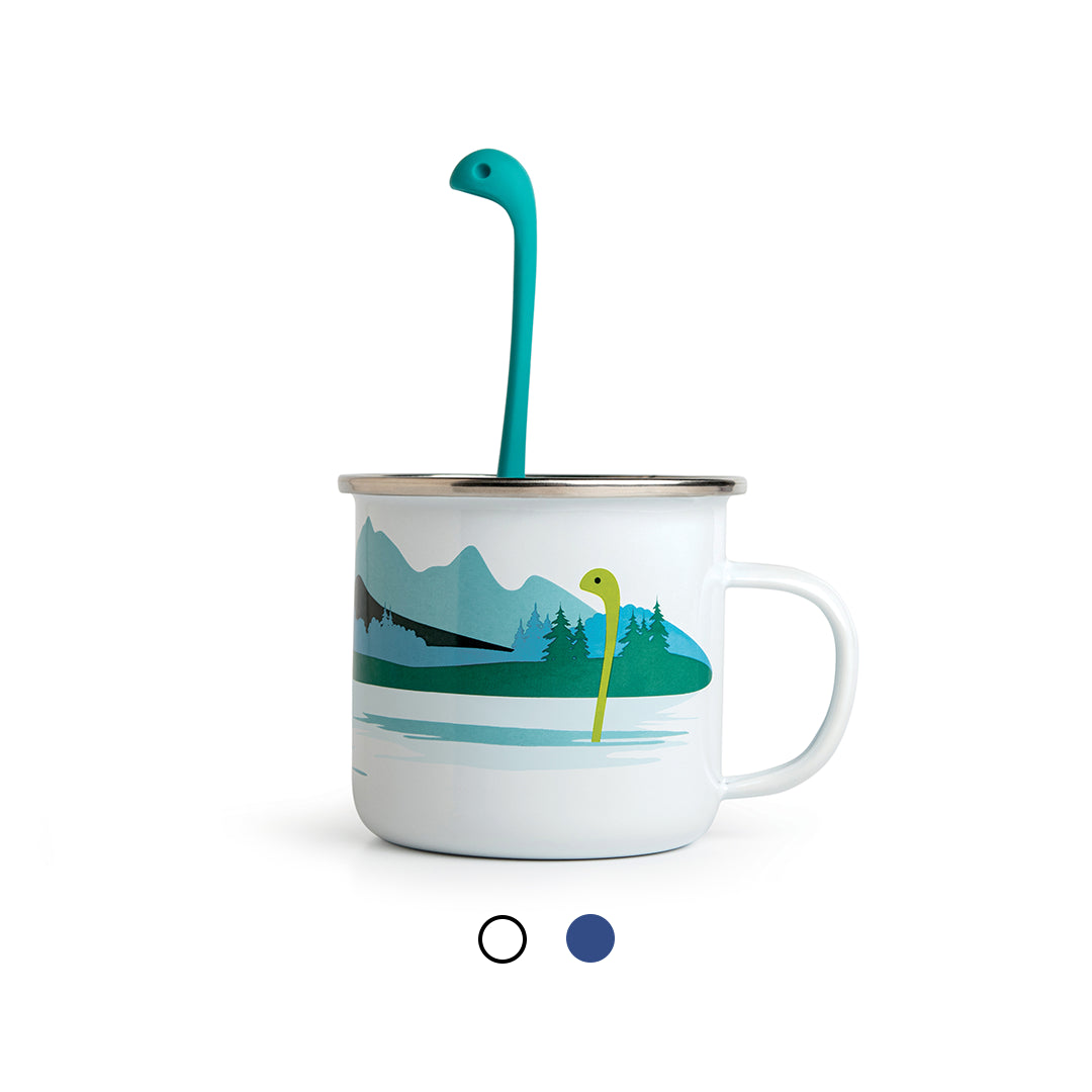 Cup of Nessie: White mug with mountain scenery, plus OTOTOs Loch Ness monster-shaped ladle.
