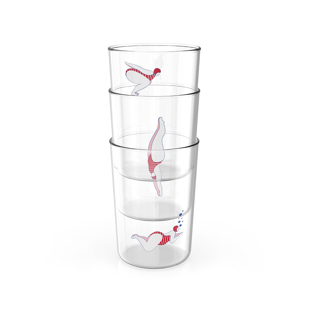 OTOTOs Deep Dive glasses feature a diver in a red-striped swimsuit, artistically posed.