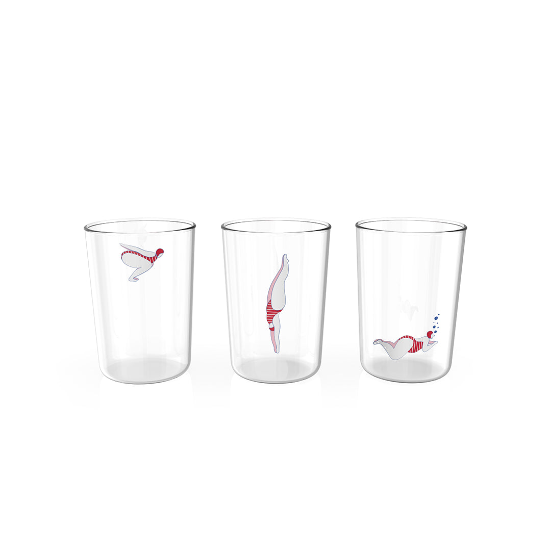 Three OTOTO Deep Dive transparent glasses with minimal red and white abstract designs on each.