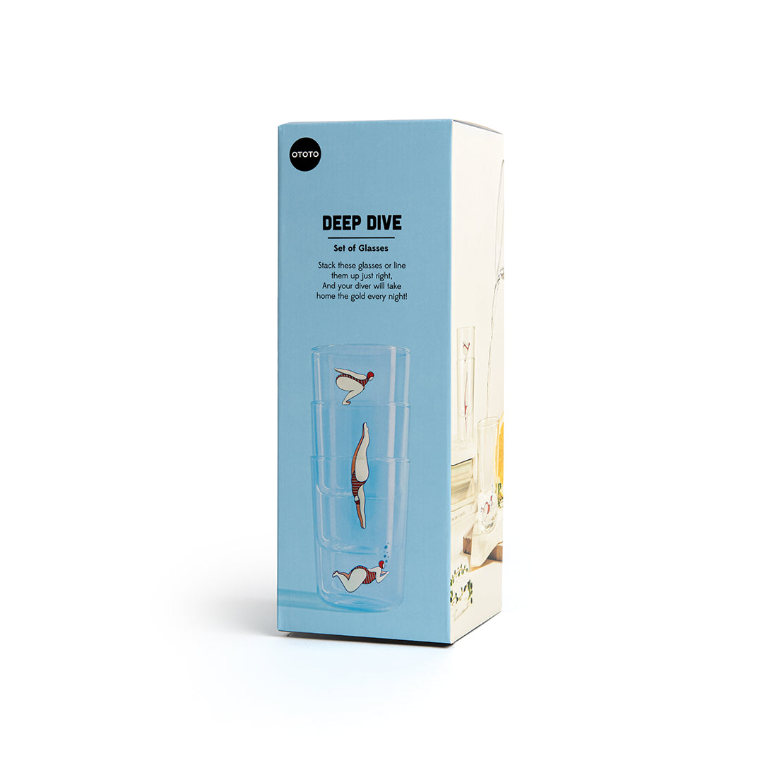 Box with OTOTOs Deep Dive glasses featuring stackable glasses and a diver motif.
