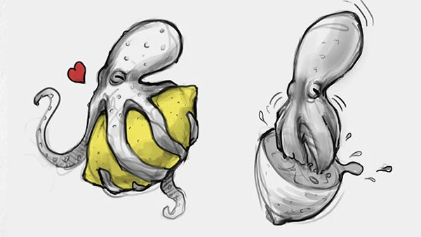 Cartoon octopus hugging a lemon, then squeezing juice from another lemon.
