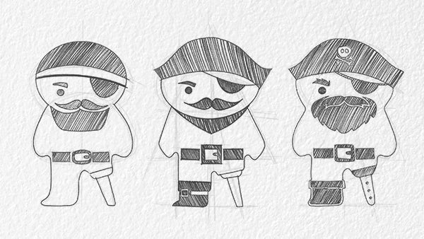 Three cartoon pirates with eye patches and hats, sketched on a textured background.