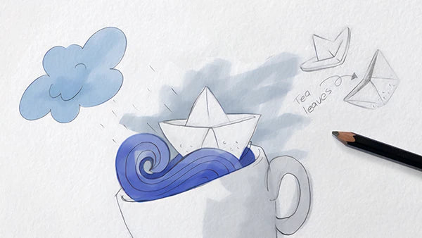 Illustration of a teacup with a paper boat, ocean waves, and a cloud. Pencil and note saying tea leaves.