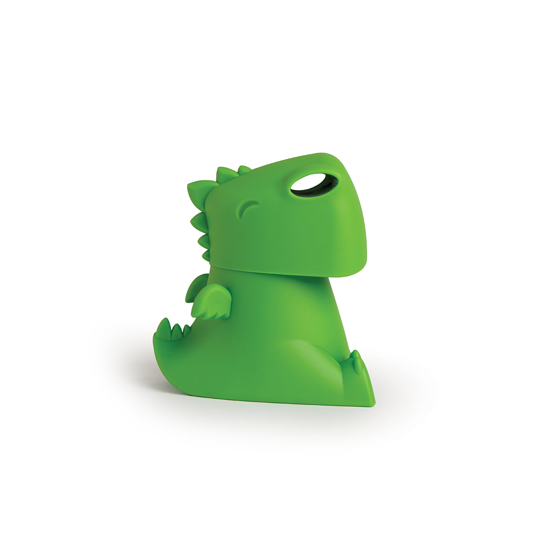 Dracowave green cartoon dinosaur figurine with a big mouth and tiny limbs, sitting upright on a white background.