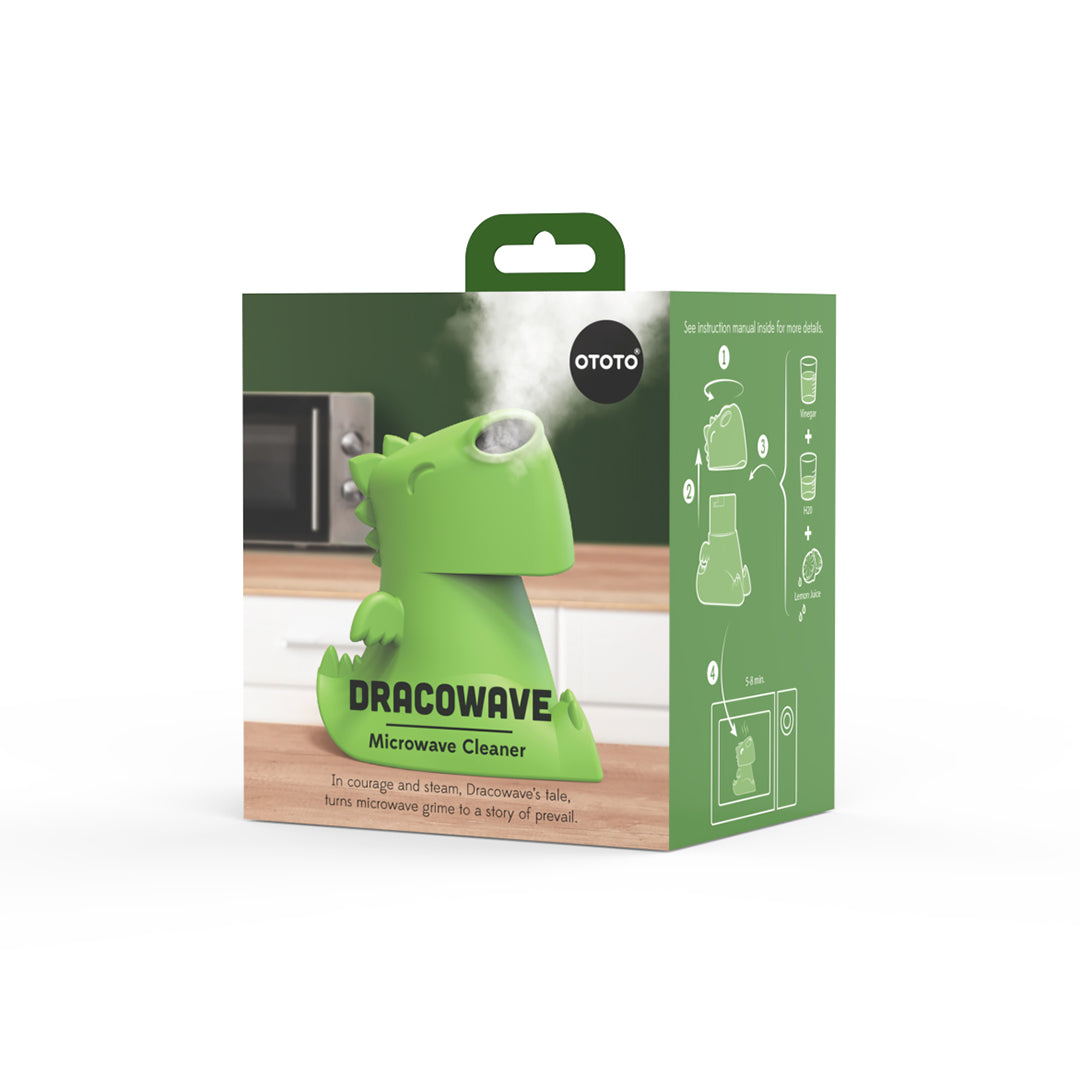 OTOTOs Dracowave box includes a green dragon, illustration, and microwave cleaner instructions.