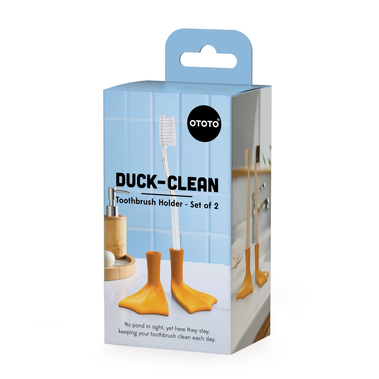 Box for Duck-Clean, playful toothbrush holders with orange duck feet for a fun bathroom touch.
