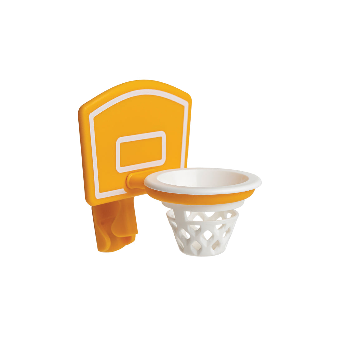 Dunk N Egg toy basketball hoop, yellow and white with a net, cleans as easily as a versatile kitchen tool.