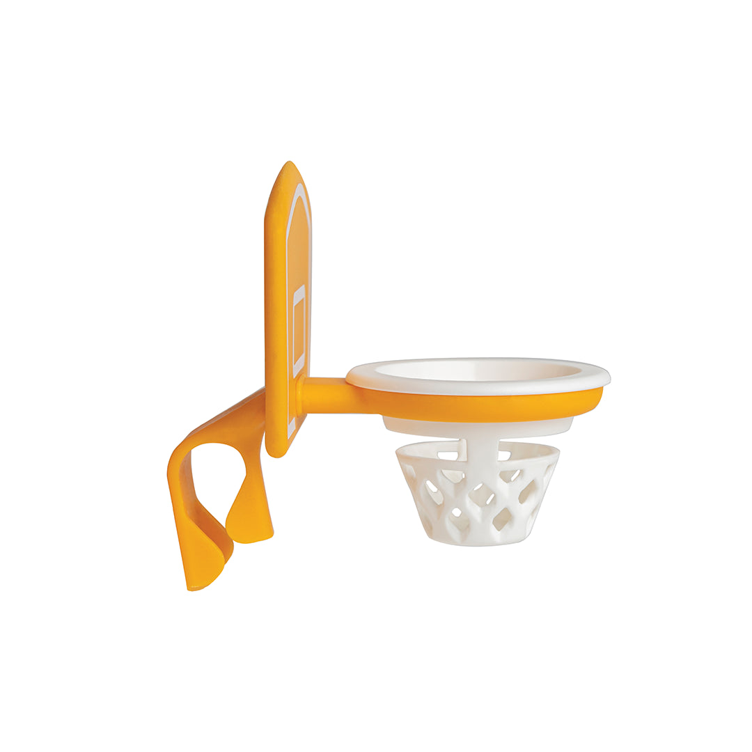 Dunk N Egg: Yellow mini basketball hoop with suction cup; easy to clean and set up anywhere!.