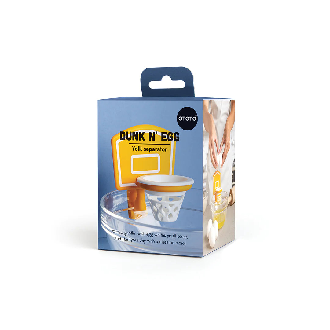 Dunk N Egg - a fun, BPA-free, basketball egg separator in colorful packaging with eggs pictured on it.