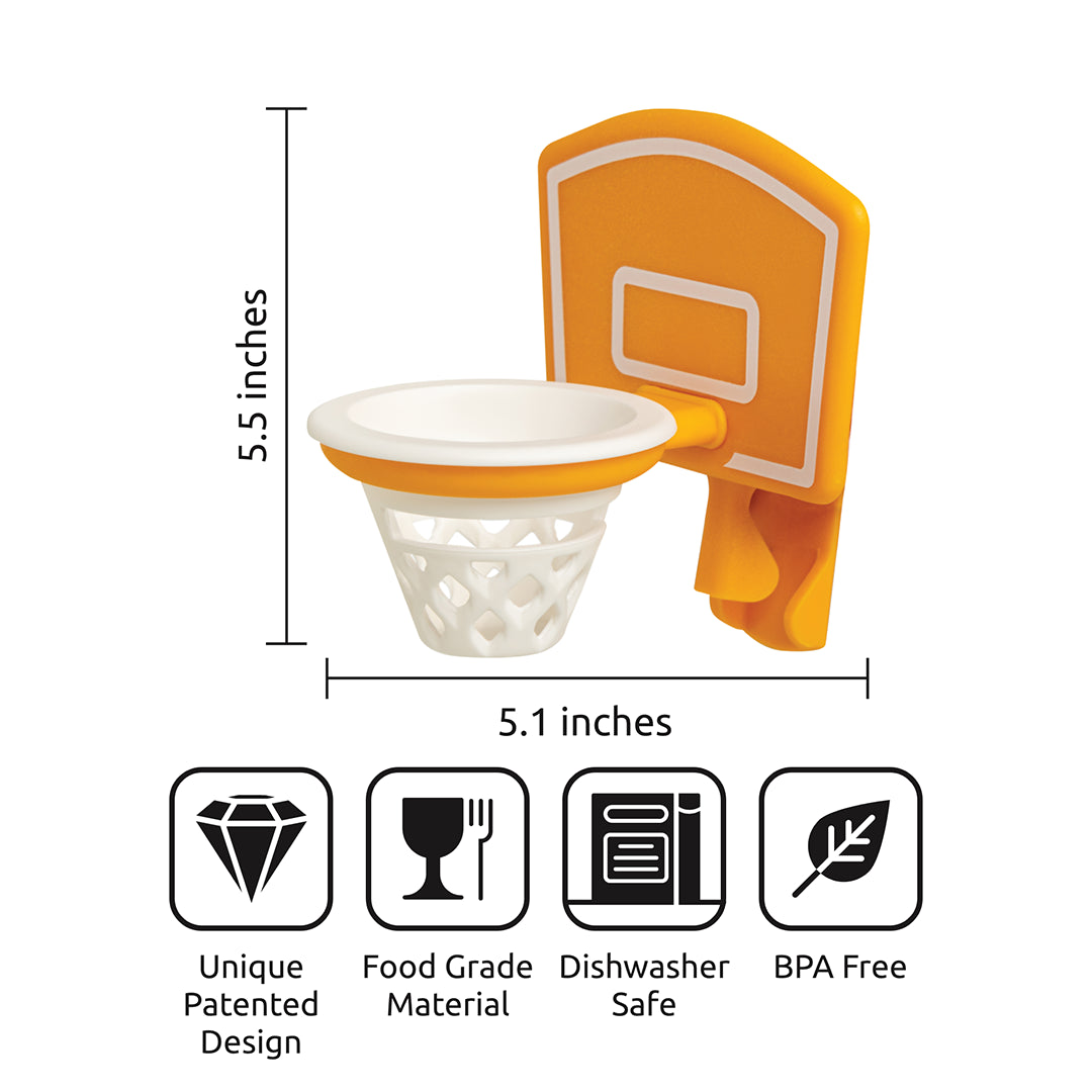Dunk N Egg: mini orange basketball hoop, versatile, BPA free, easy to clean, dishwasher safe tool.