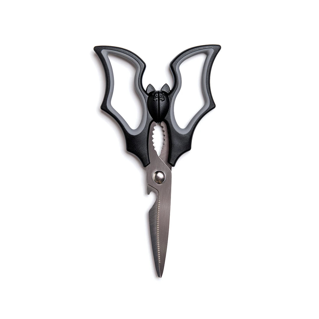 Elizabat kitchen scissors resemble a butterfly with black, wing-shaped handles on a white background.