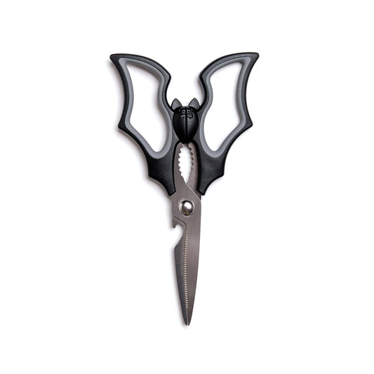 Elizabat kitchen scissors resemble a butterfly with black, wing-shaped handles on a white background.