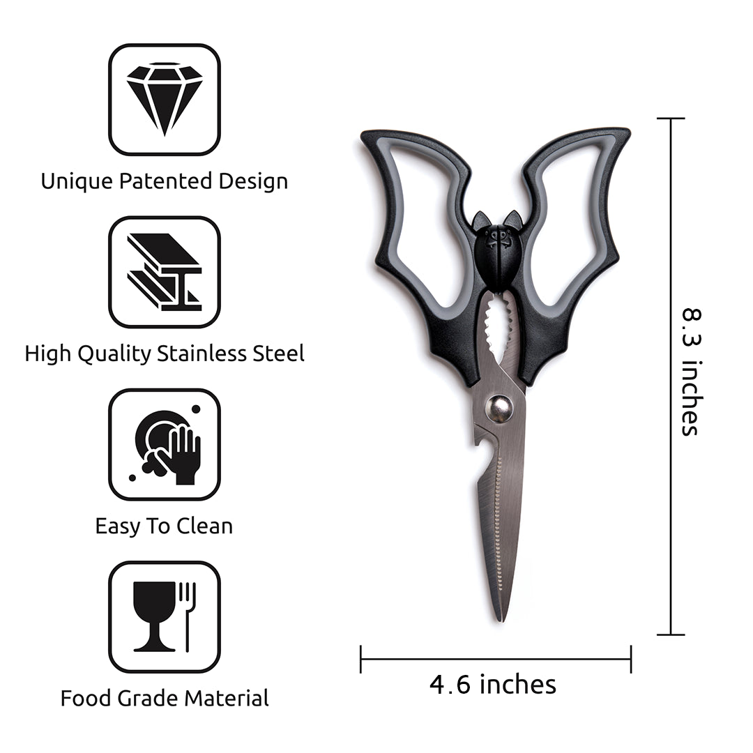 Elizabat: OTOTOs bat-shaped kitchen scissors, patented design, stainless steel, food-grade, easy to clean.