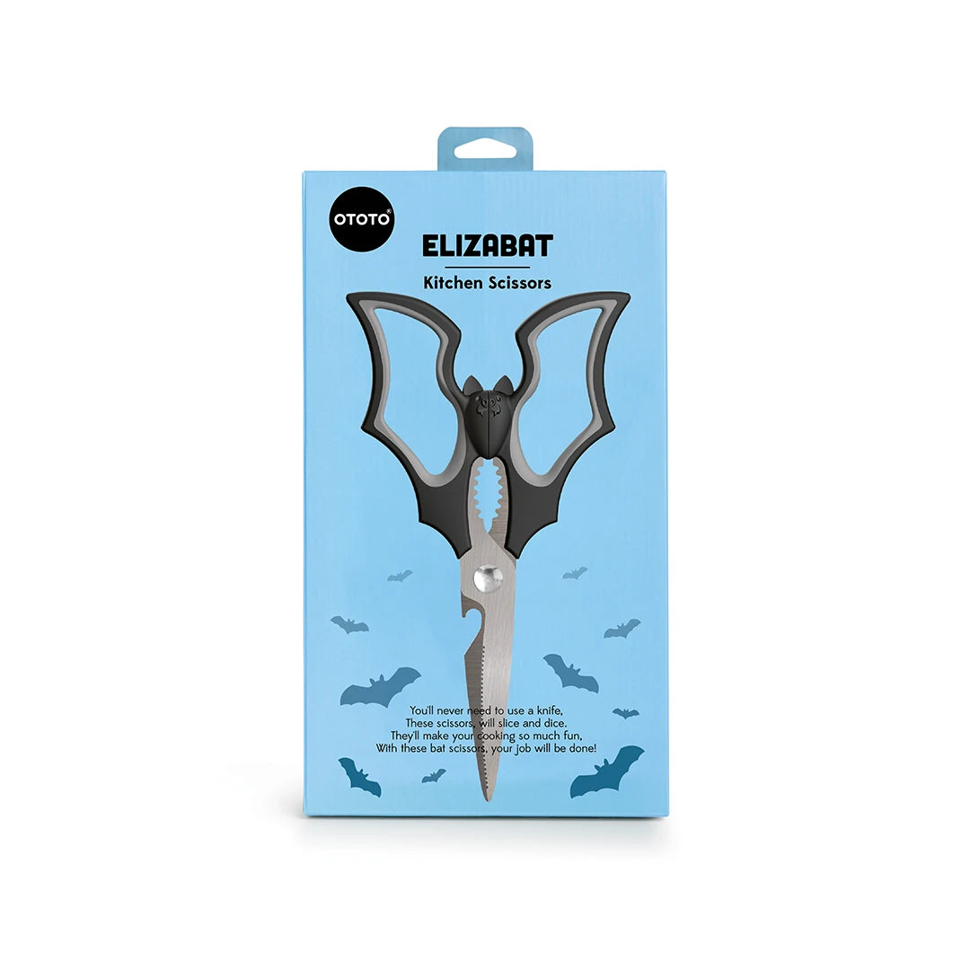 OTOTO Elizabat Kitchen Scissors packaged perfectly for culinary tasks on a blue background.