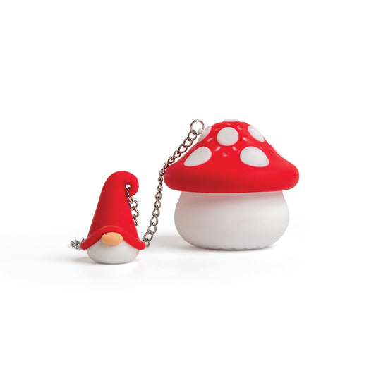 Enchan-Tea, an OTOTO gnome & mushroom-shaped keychain with a chain, on a white background.