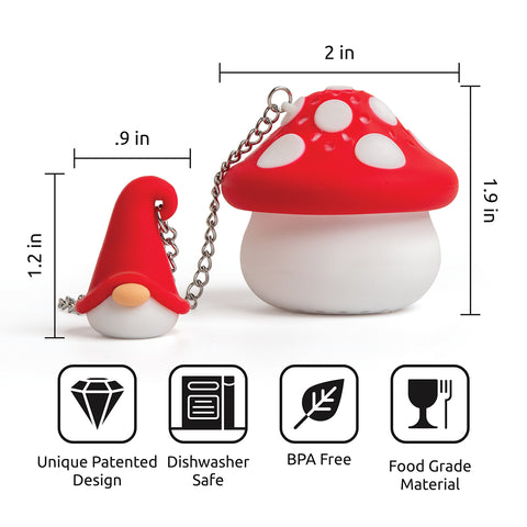 Enchan-Tea gnome infuser with a fun mushroom hat. Its dishwasher safe and BPA free.