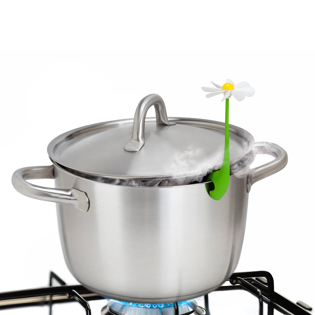 Flower Power tool lifts the lid of a steaming metal pot on stove slightly.