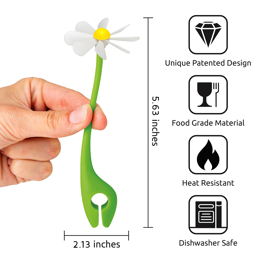 Hand holding Flower Power: 5.63 tall, patented design, food safe, heat-resistant steam releaser.