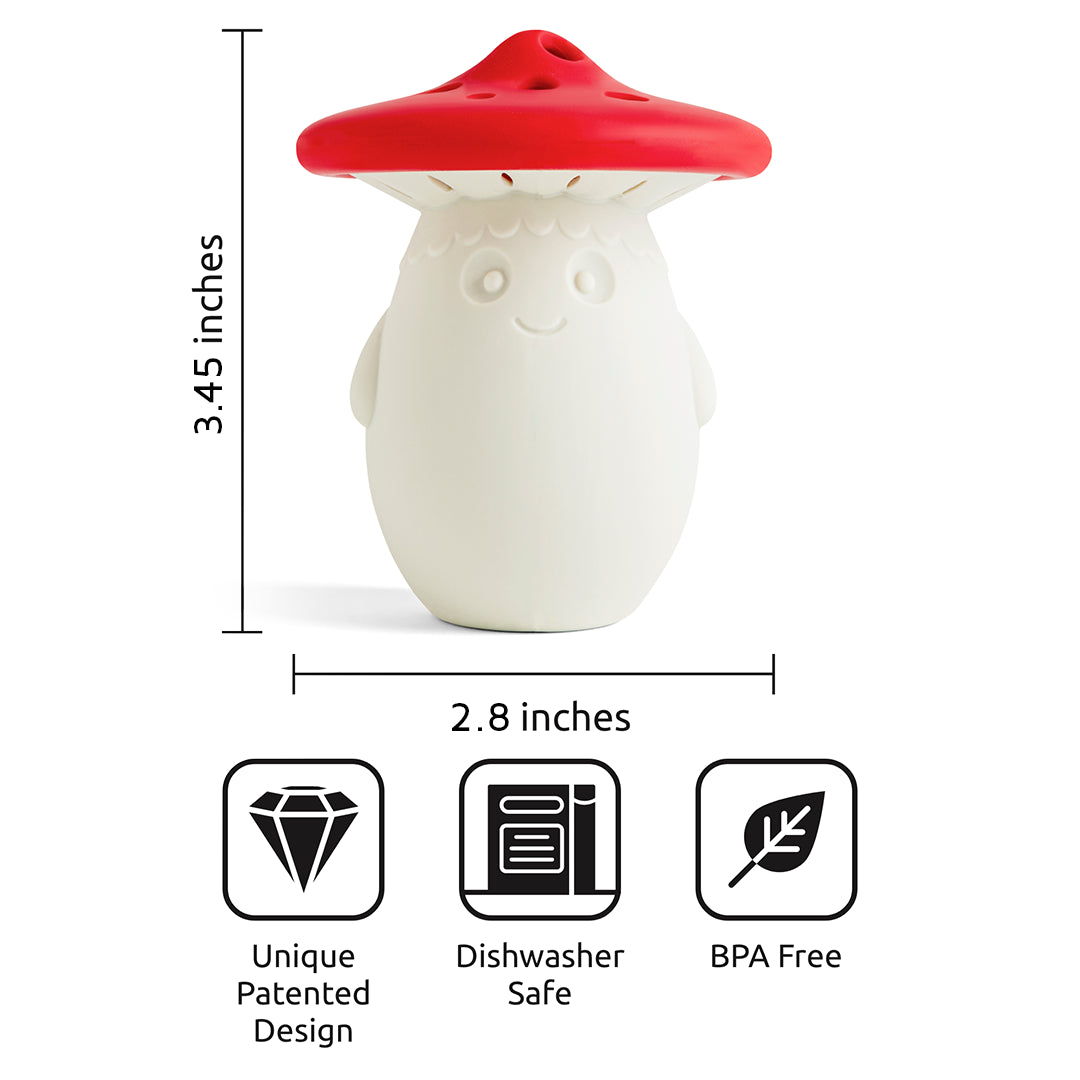 OTOTOs Fun Guy spice infuser: mushroom shape, red cap. Dimensions and features labeled below.