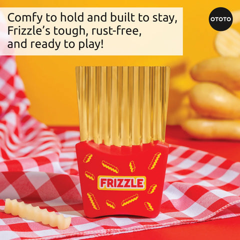 A Frizzle utensil holder shaped like fries sits by waffle fries on a checkered tablecloth.