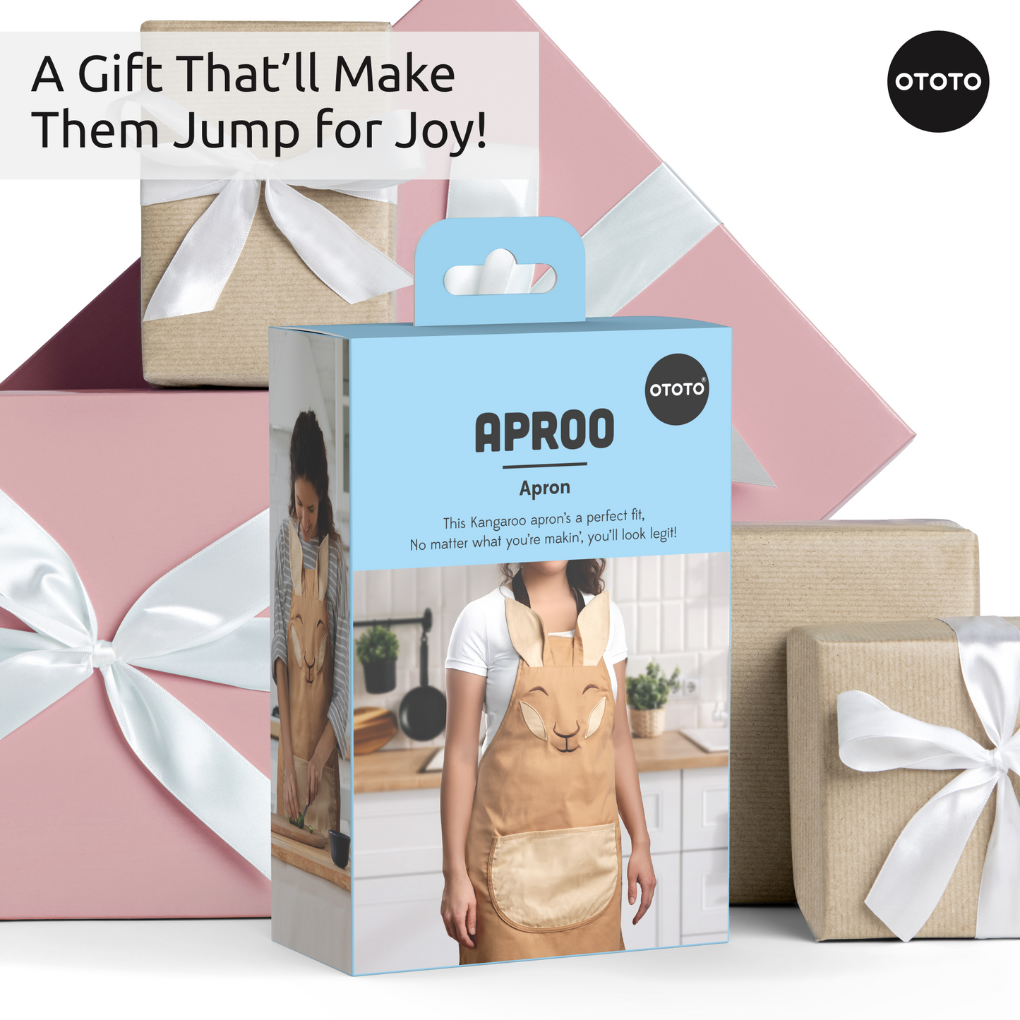 A box featuring an image of a person wearing an Aproo kitchen apron.
