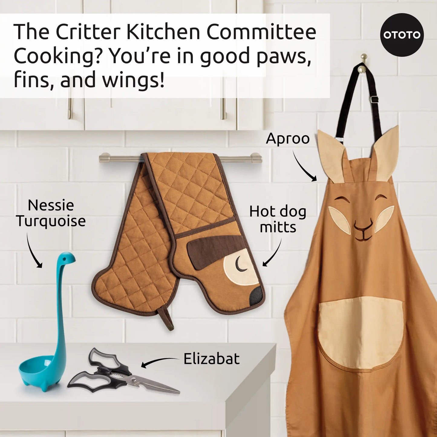 Animal-shaped kitchen tools: Nessie ladle, bat scissors, dog mitts, Aproo kangaroo chef apron.