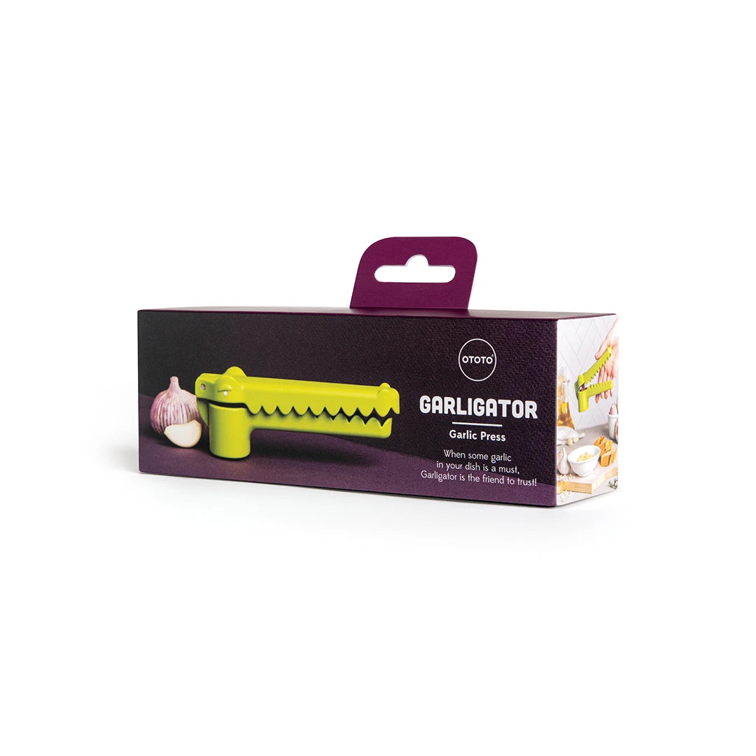 OTOTOs Garligator garlic press features a fun alligator cartoon on its packaging.