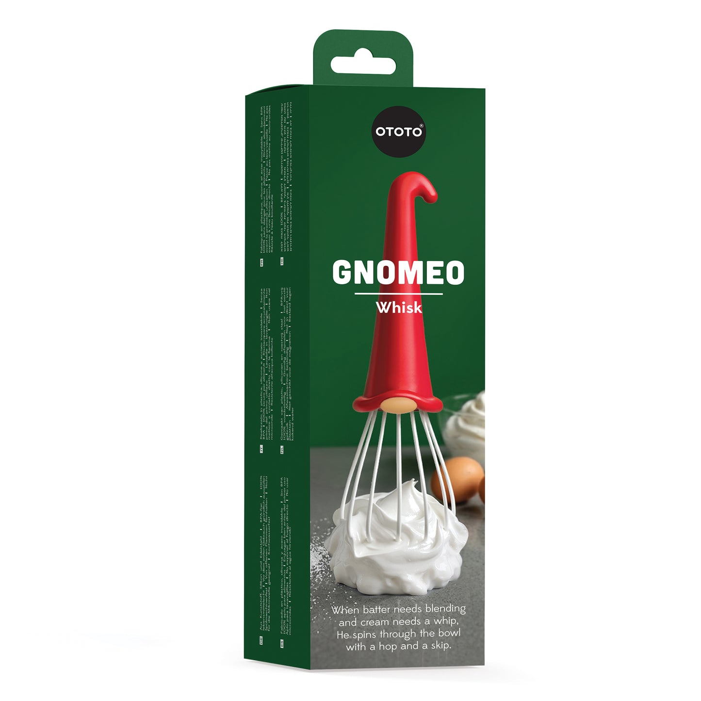 Gnomeo by OTOTO—a red gnome hat whisk that brings charm and fun to your kitchen tasks.