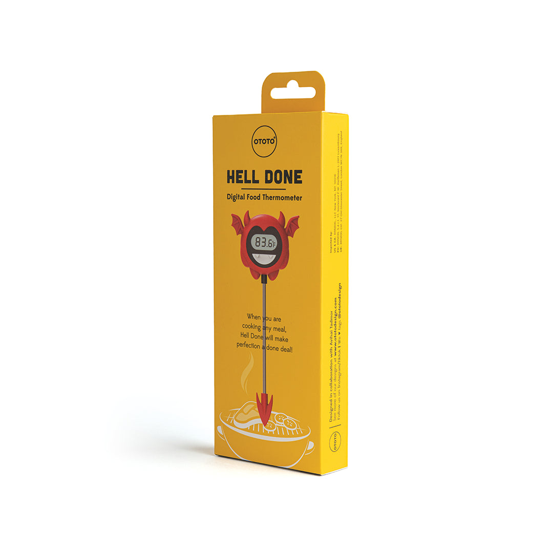 Hell Done: Digital meat thermometer in yellow packaging with a playful cartoon design and devil horns.