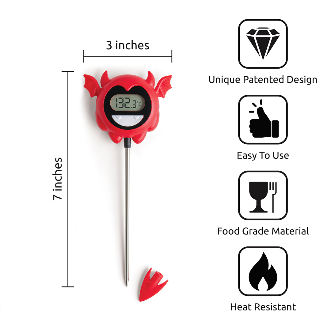 Introducing Hell Done by OTOTO: A red devil digital meat thermometer with a clear display and useful icons.