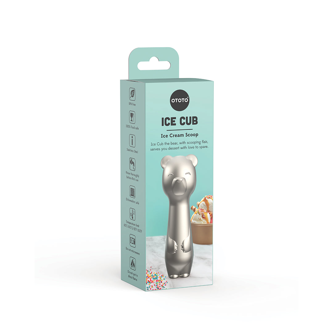 Box for Big Dipper Ice Cream Scoop by OTOTO, shaped like a bear, with dessert bowl pictured.