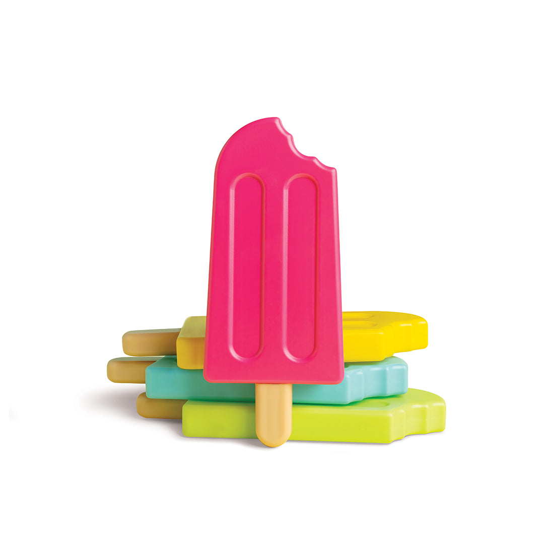 Stack of four colorful Ice Pop Ice Pack toys, front pink one has a bite mark at the top.