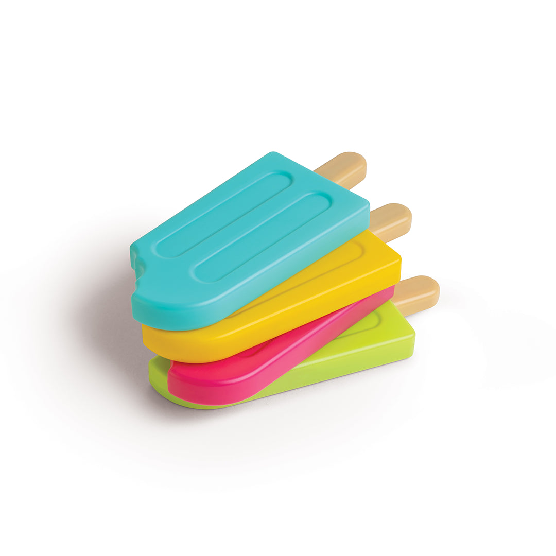 Three colorful Ice Pop Ice Packs in blue, pink, and green stacked together with wooden sticks.